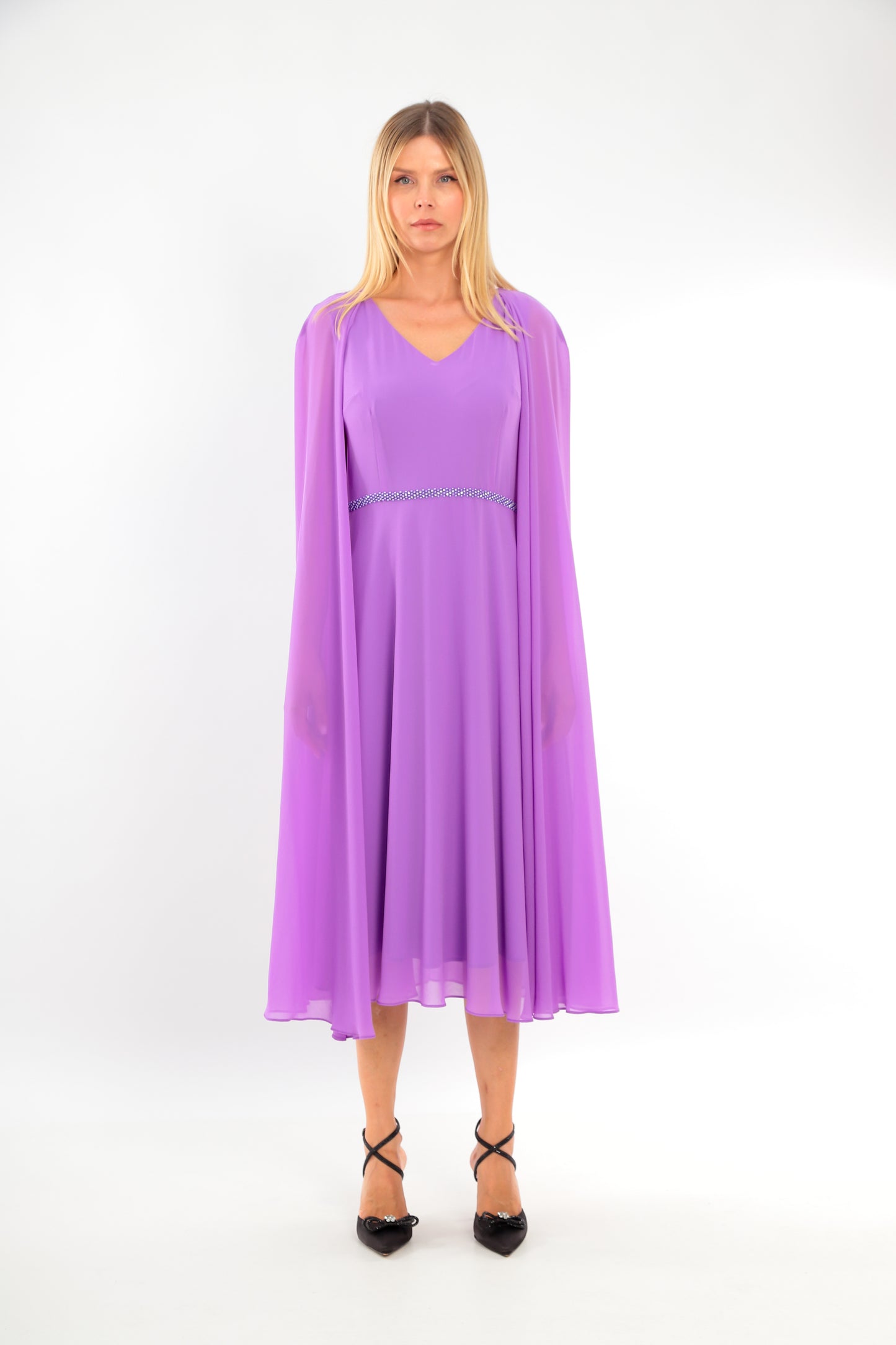 Purple Chiffon dress with Dramatic Cape Sleeves