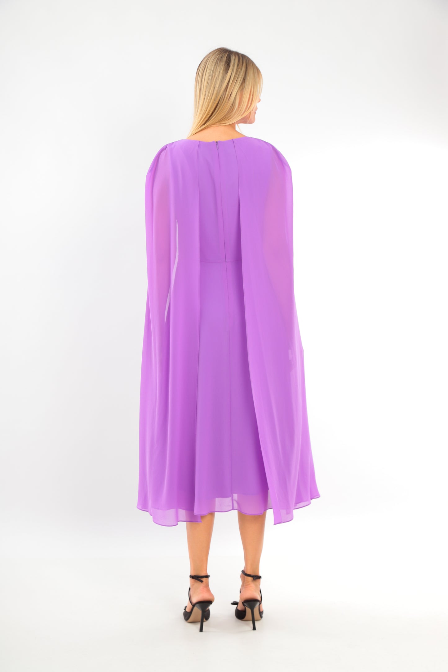 Purple Chiffon dress with Dramatic Cape Sleeves