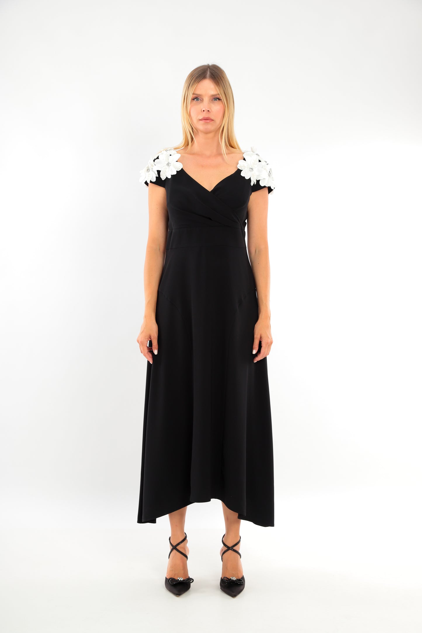 Stylish Black Gown with white flower details