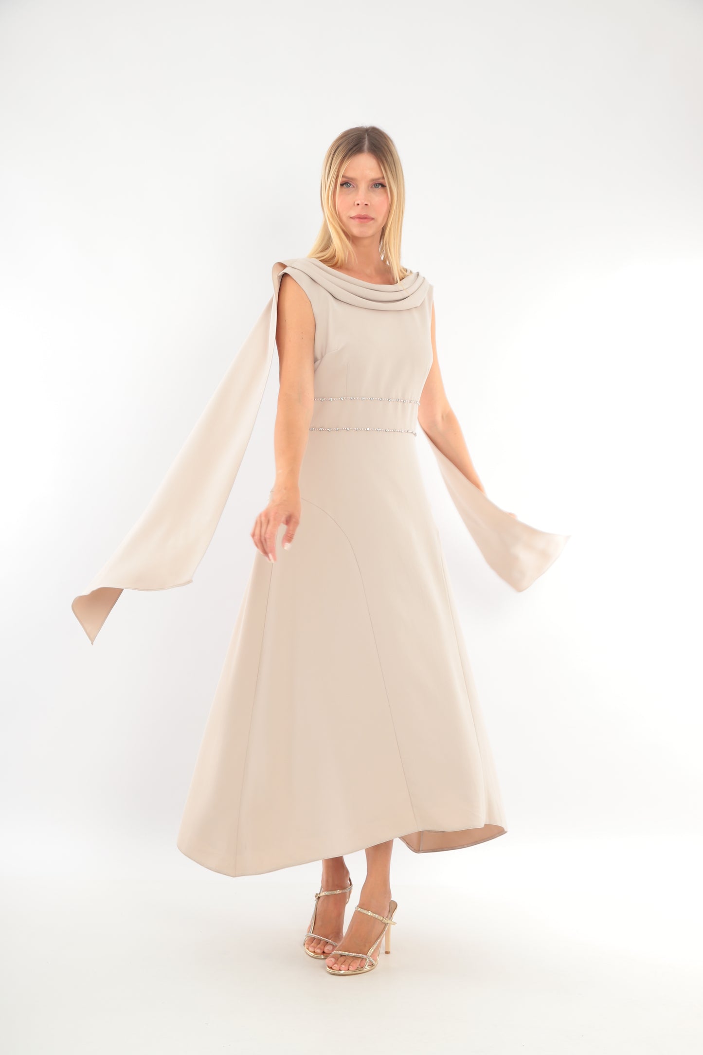 Cowl Neck Gown with Dramatic Sashes