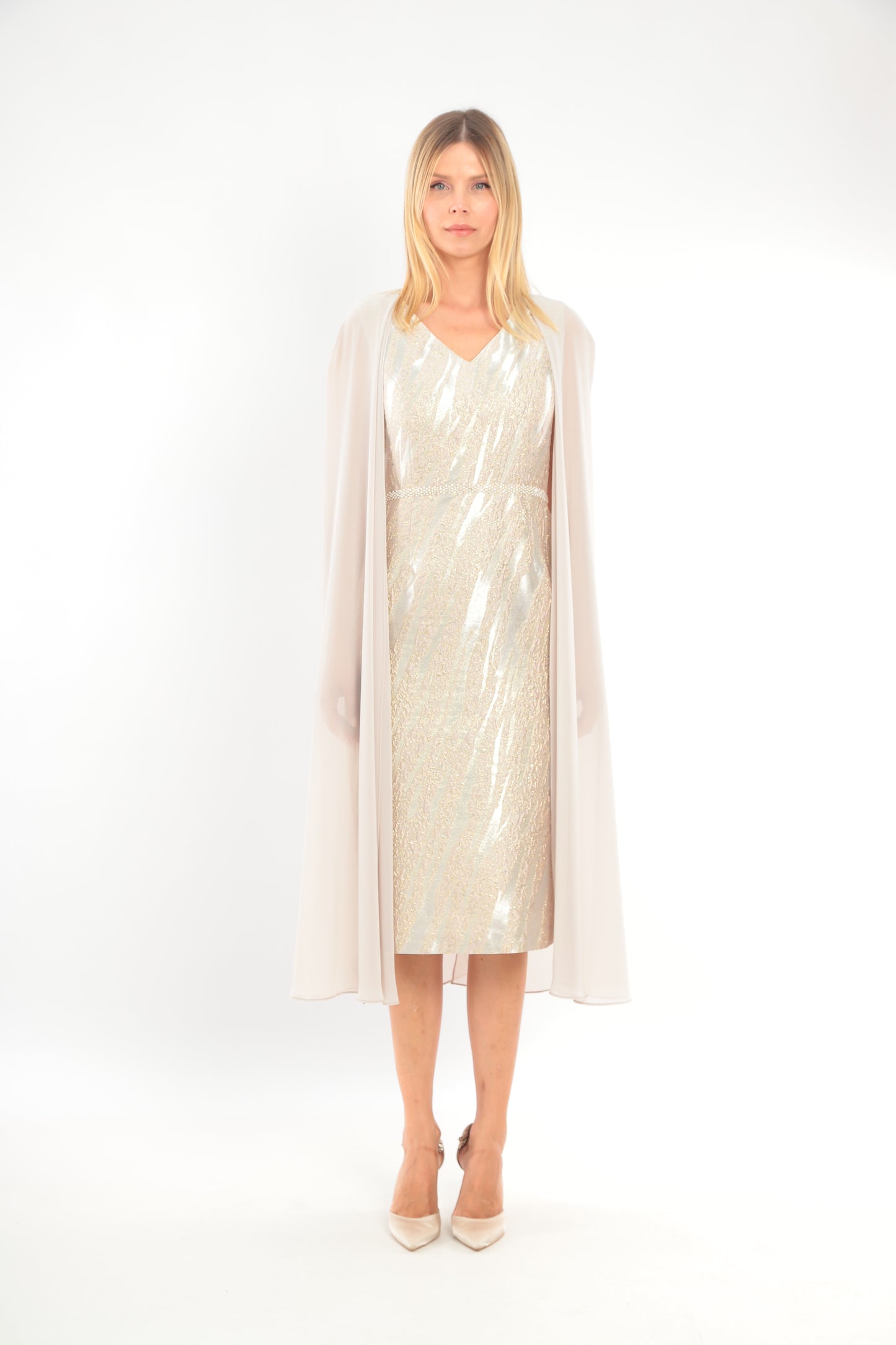 Gold and Champagne Straight Dress with Elegant Floaty Sleeves