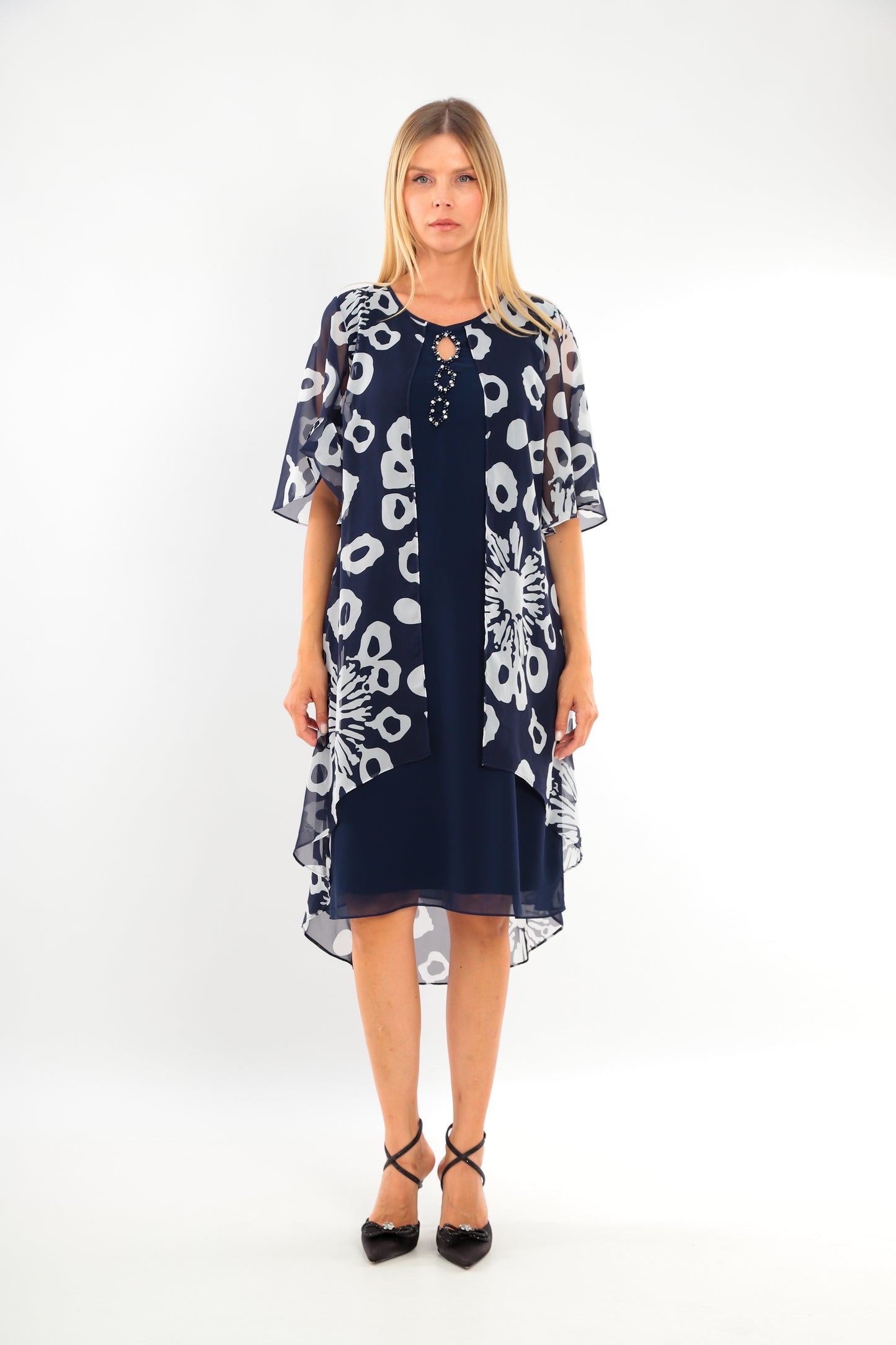 Navy Dress with Keyhole Detail and Floaty Overlay