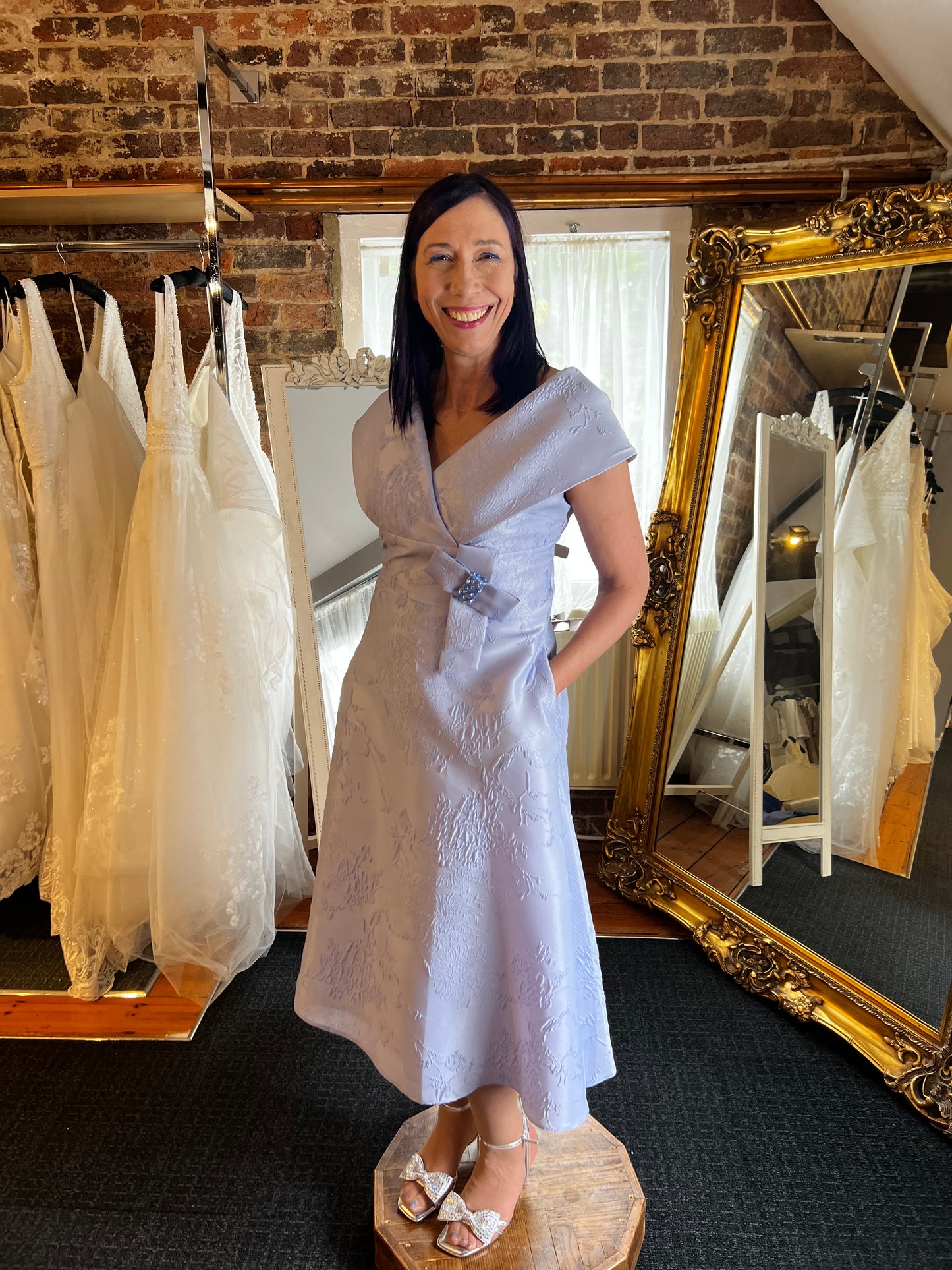 Off the Shoulder, Brocade Printed A-Line Dress