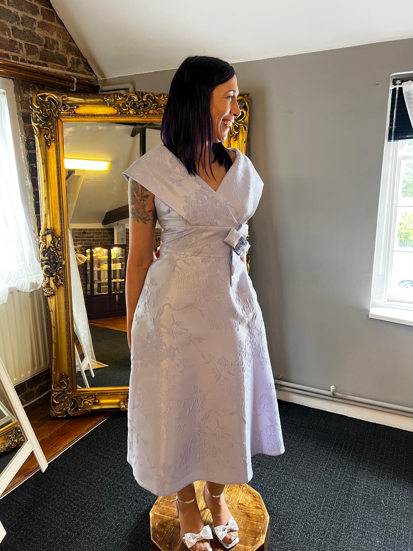 Off the Shoulder, Brocade Printed A-Line Dress