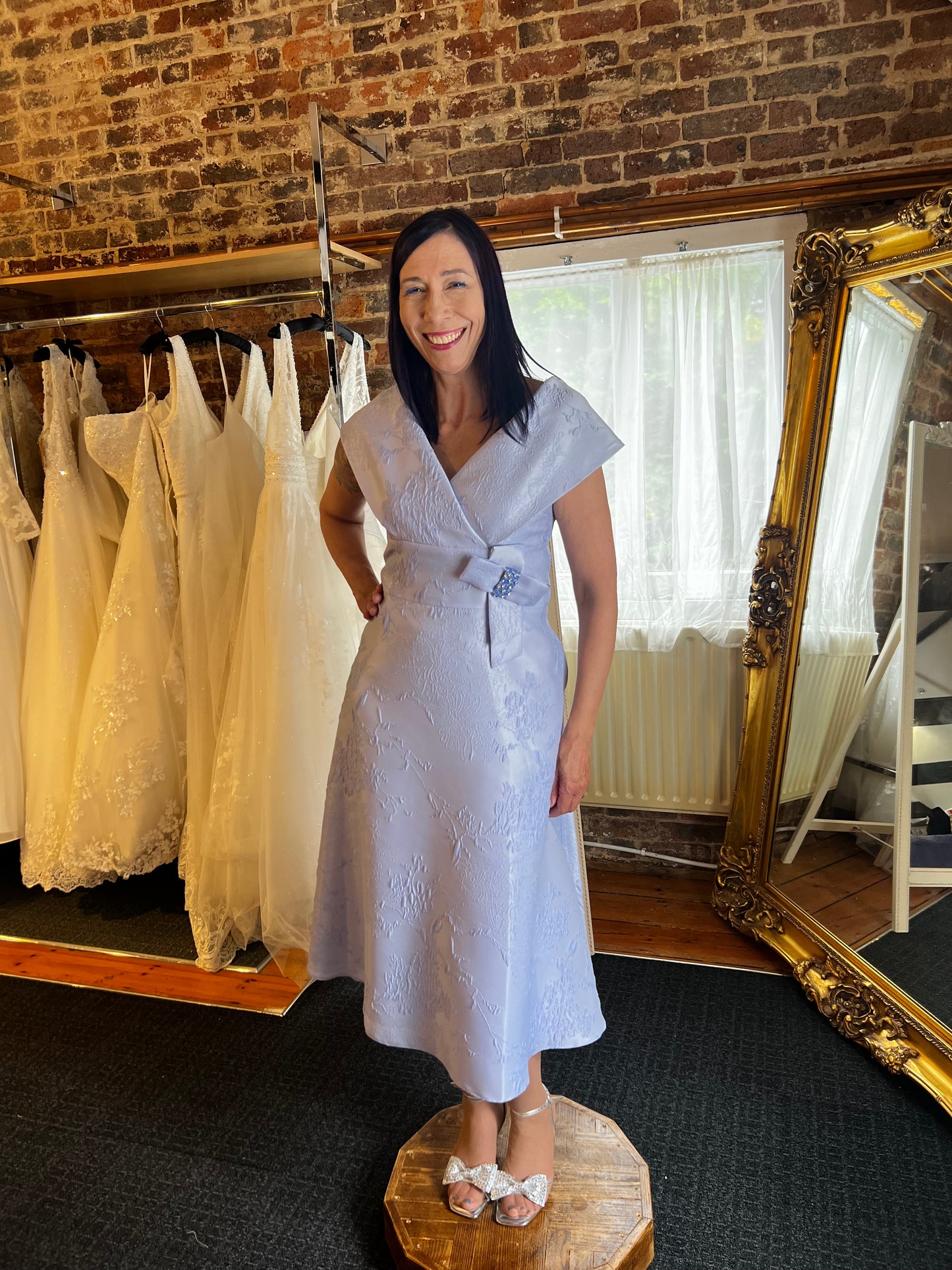 Off the Shoulder, Brocade Printed A-Line Dress
