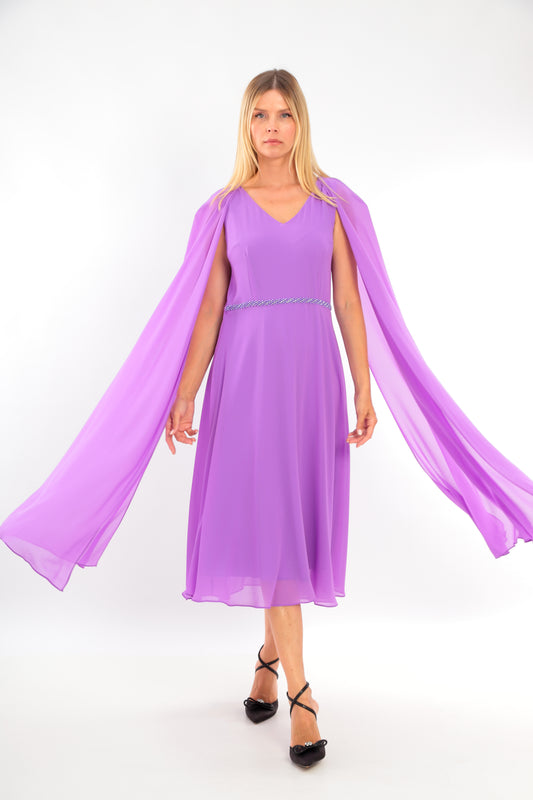 Purple Chiffon dress with Dramatic Cape Sleeves