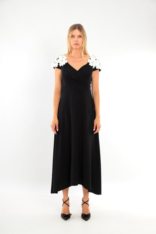 Stylish Black Gown with white flower details