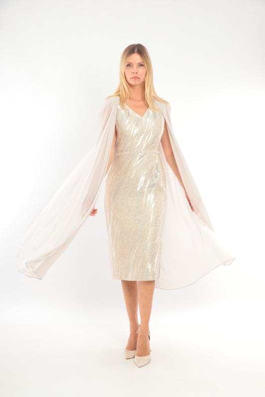 Gold and Champagne Straight Dress with Elegant Floaty Sleeves