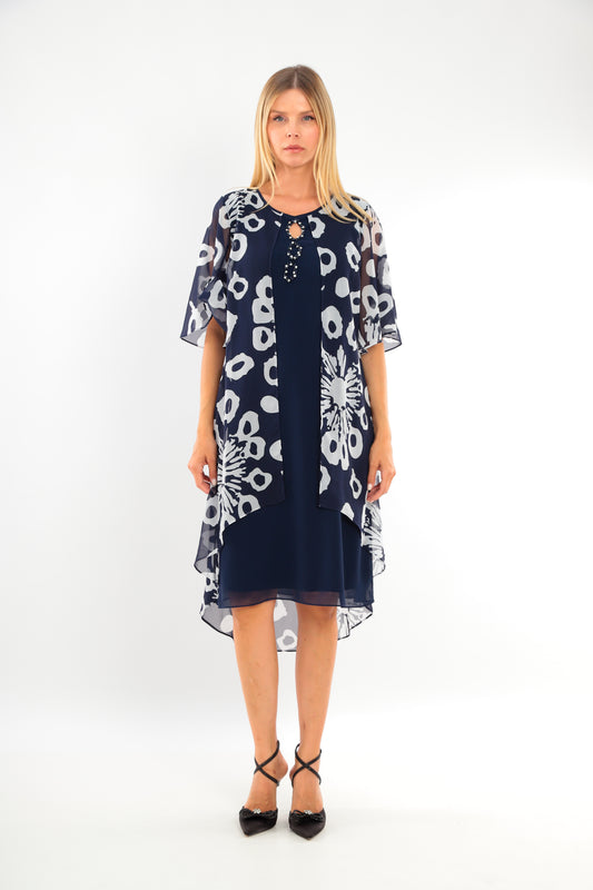 Navy Dress with Keyhole Detail and Floaty Overlay